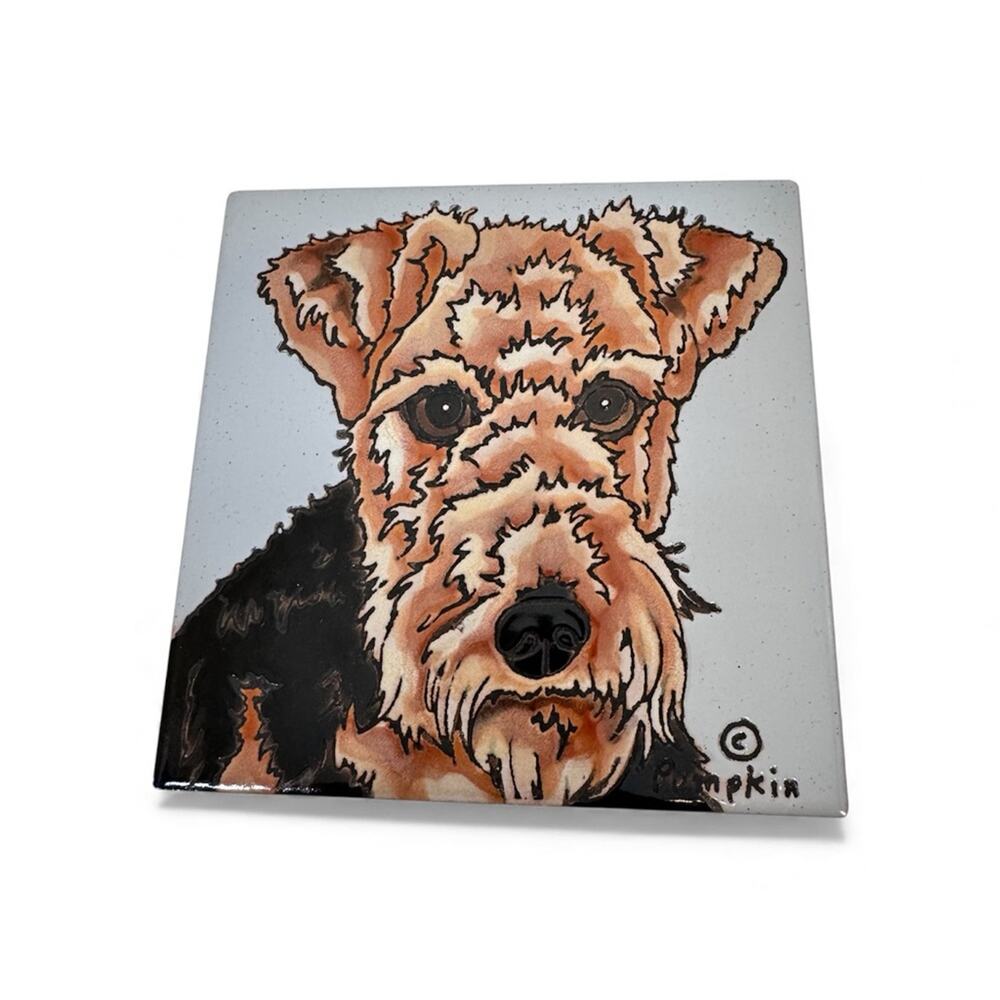 Hand Painted Pumpkin Tile Airedale Terrier Dog 6x6 Trivet Kitchen